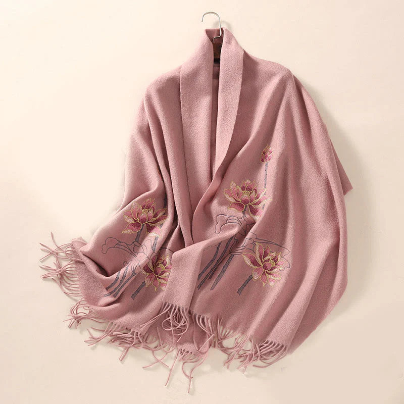 Buddha Stones Wool Shawl Lotus Embroidery Tassel Winter Cozy Travel Scarf Wrap