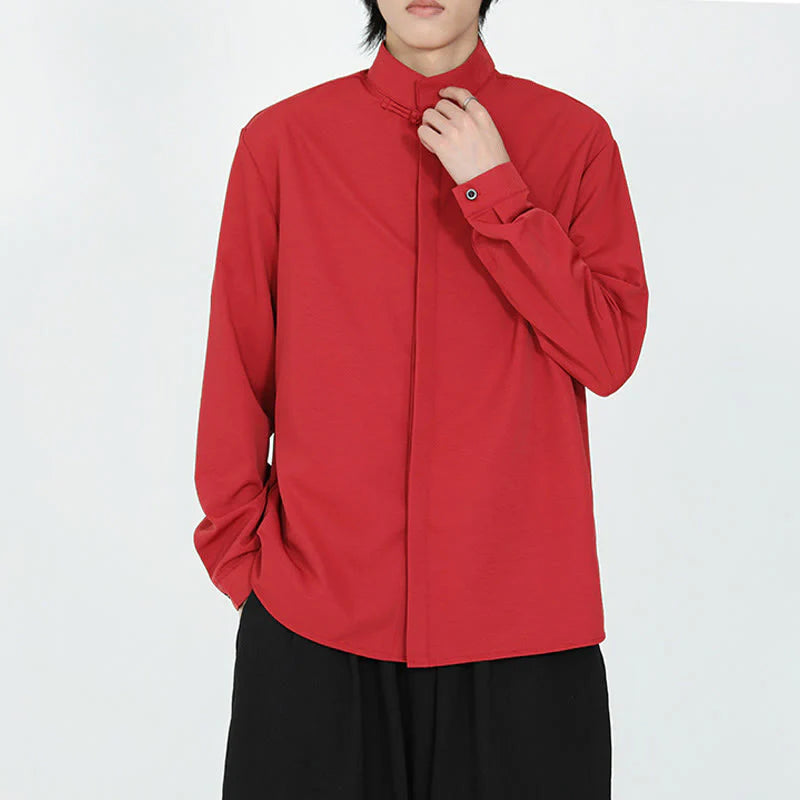 Buddha Stones Solid Color One Frog-Button Long Sleeve Cotton Men's Shirt
