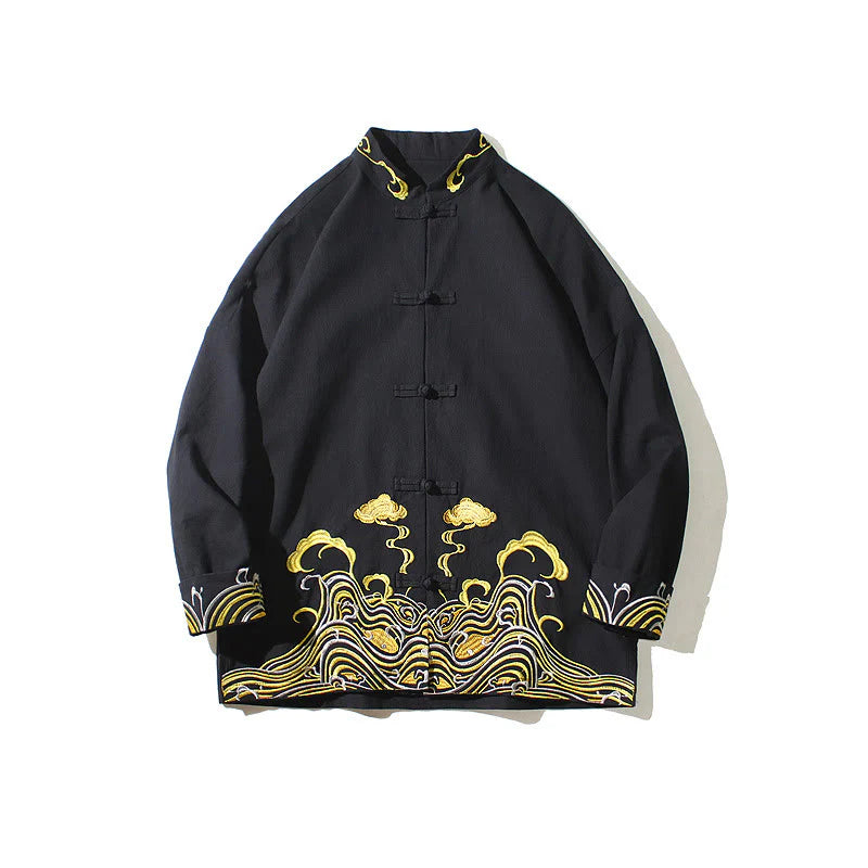 Buddha Stones Embroidered Clouds Frog-Button Long Sleeve Men's Cotton Tang Suit Jacket