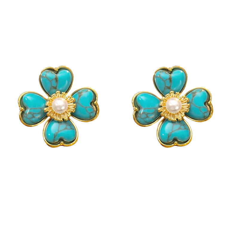 Buddha Stones Turquoise Love Heart Flower Copper Healing Stud Earrings