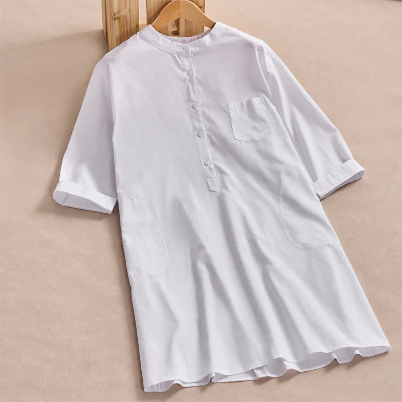 Buddha Stones Fall Solid Color Buttons Design Three Quarter Sleeve Cotton Women's Shirts With Pockets