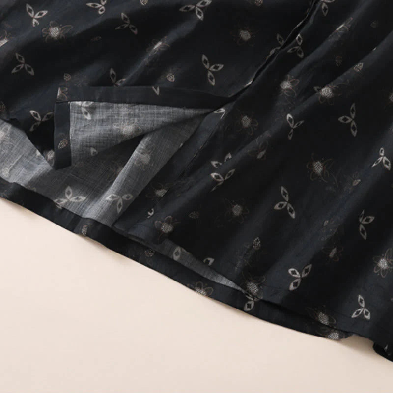 Buddha Stones Summer Printing Floral Button Lace-Up Design Half Sleeve Midi Dress With Pockets