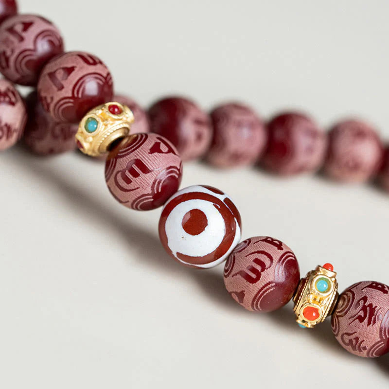 Buddha Stones Red Bodhi Seed Om Mani Padme Hum Lotus Engraved Harmony Bracelet (Extra 30% Off | USE CODE: FS30)