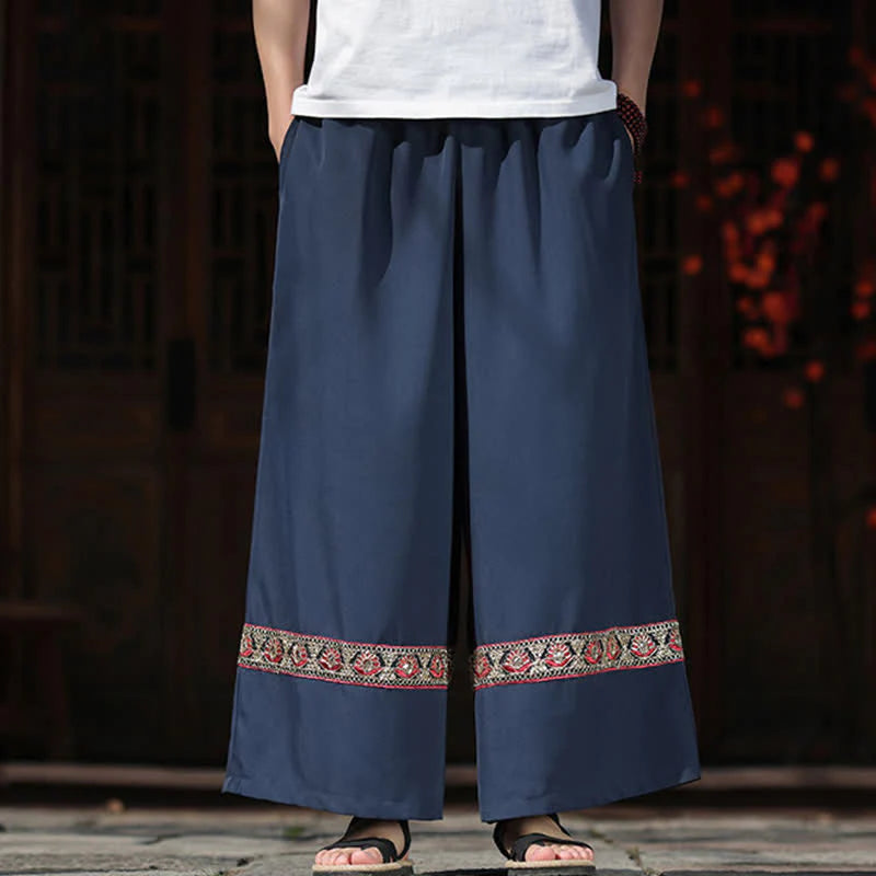 Buddha Stones Summer Cotton Embroidered Hem Elastic Waist Men's Cropped Wide Leg Pants With Pockets