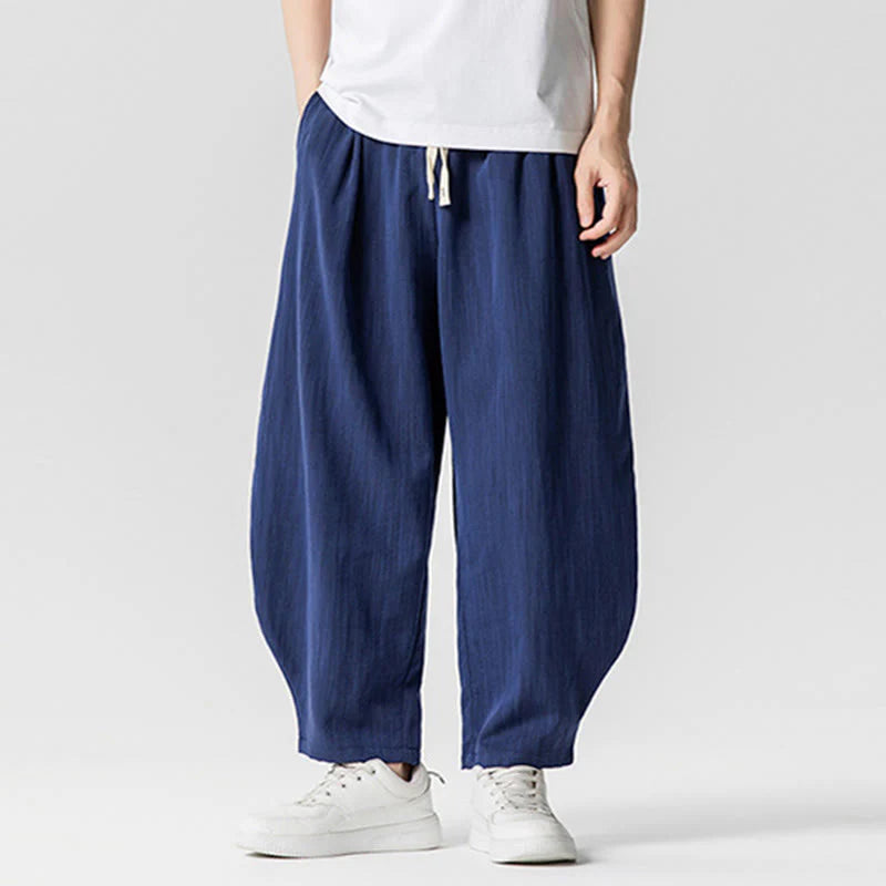 Buddha Stones Summer Pure Color Drawstring Men's Cotton Ankle-Length Pants With Pockets