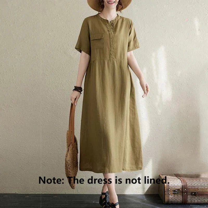 Buddha Stones Stand Collar Buttons Design Linen Short Sleeve Midi Dress With Pockets