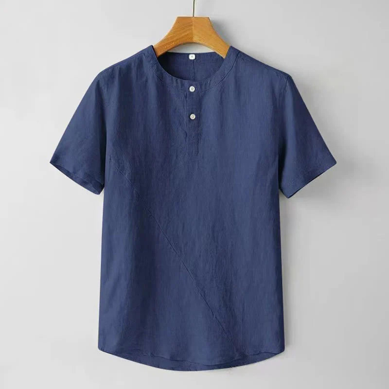 Buddha Stones Summer Men's Solid Color Button Short Sleeve Cotton Linen Shirt