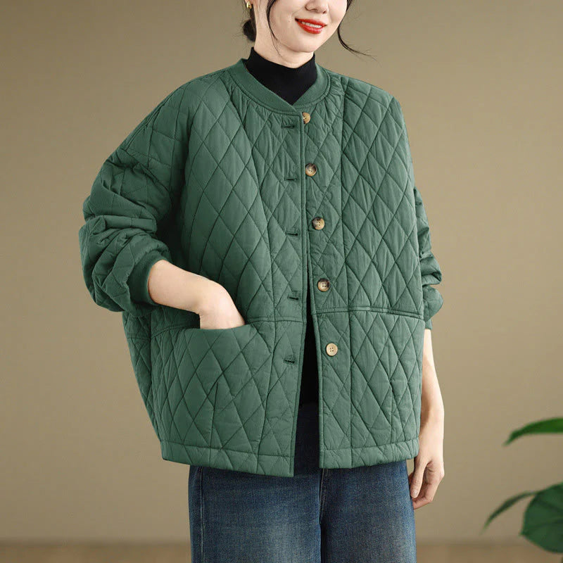 Buddha Stones Diamond Grid Pattern Women's Long Sleeve Cotton Thickened Jacket With Pockets