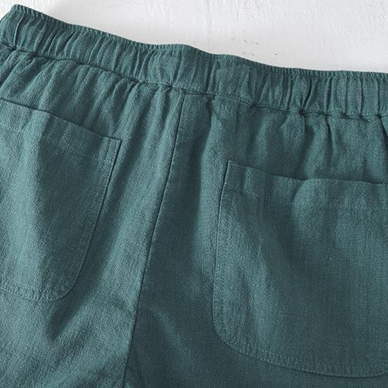 Buddha Stones Summer Solid Color Drawstring Elastic Waist Men's Cotton Linen Shorts With Pockets