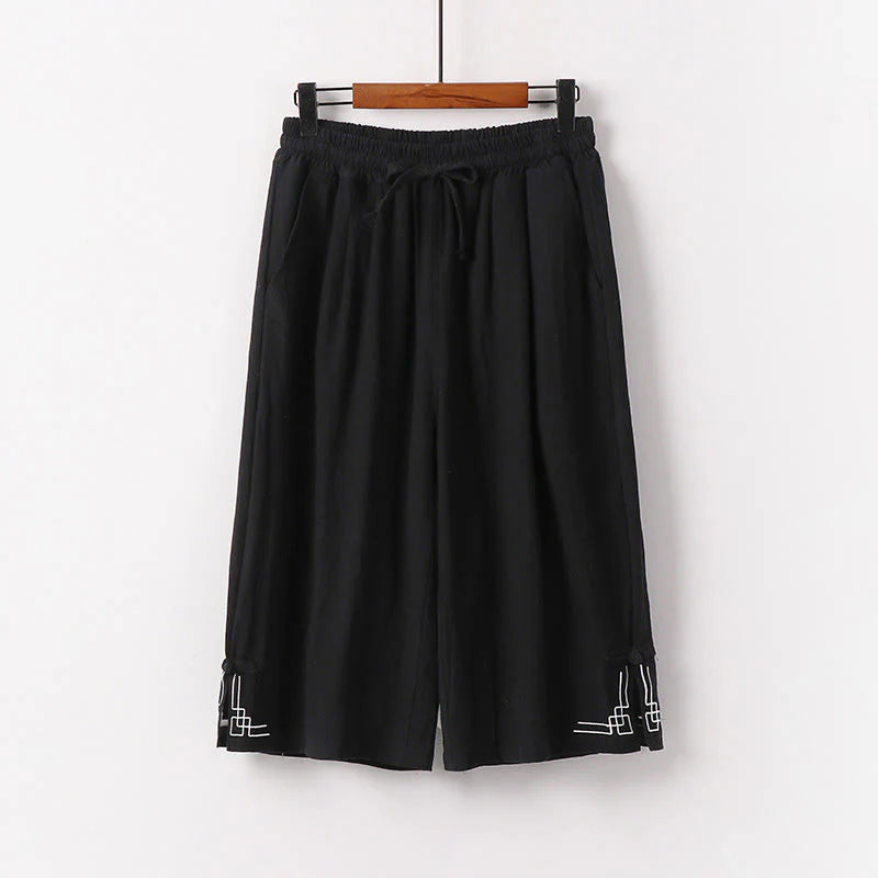 Buddha Stones Plain Drawstring Design Men's Capri Cropped Cotton Linen Wide Leg Pants With Pockets