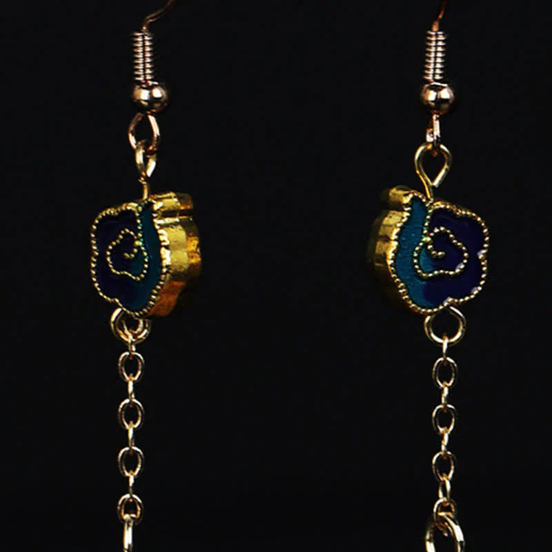 Buddha Stones Handcrafted Silk Art Petal Good Fortune Blessing Dangle Hook Earrings