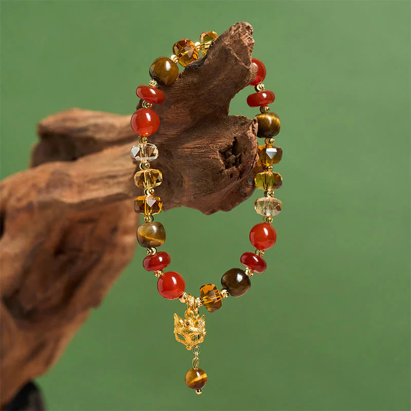 Buddha Stones Red Agate Tiger Eye Fox Charm Calm Beaded Bracelet