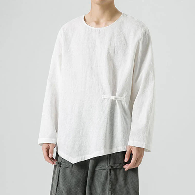 Buddha Stones Men's Chinese Frog-Button Plain Design Cotton Long Sleeve T-Shirt Zen Clothing