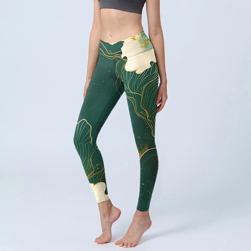 Buddha Stones Elegant Flowers Pattern Print Gym Leggings Women's Yoga Pants