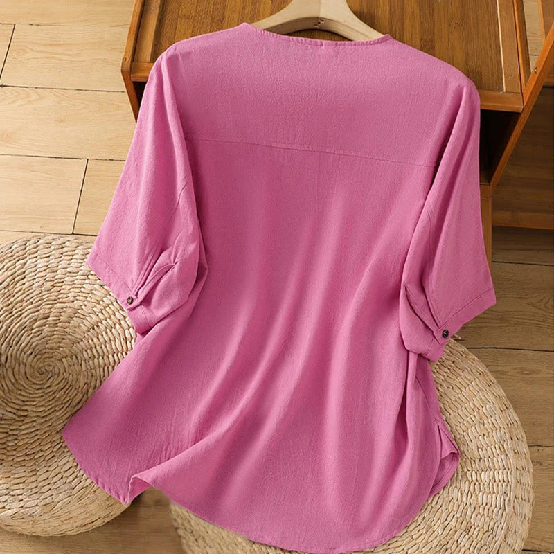 Buddha Stones Casual Plain Buttons Half Sleeve Women's Cotton Linen Shirt With Pocket