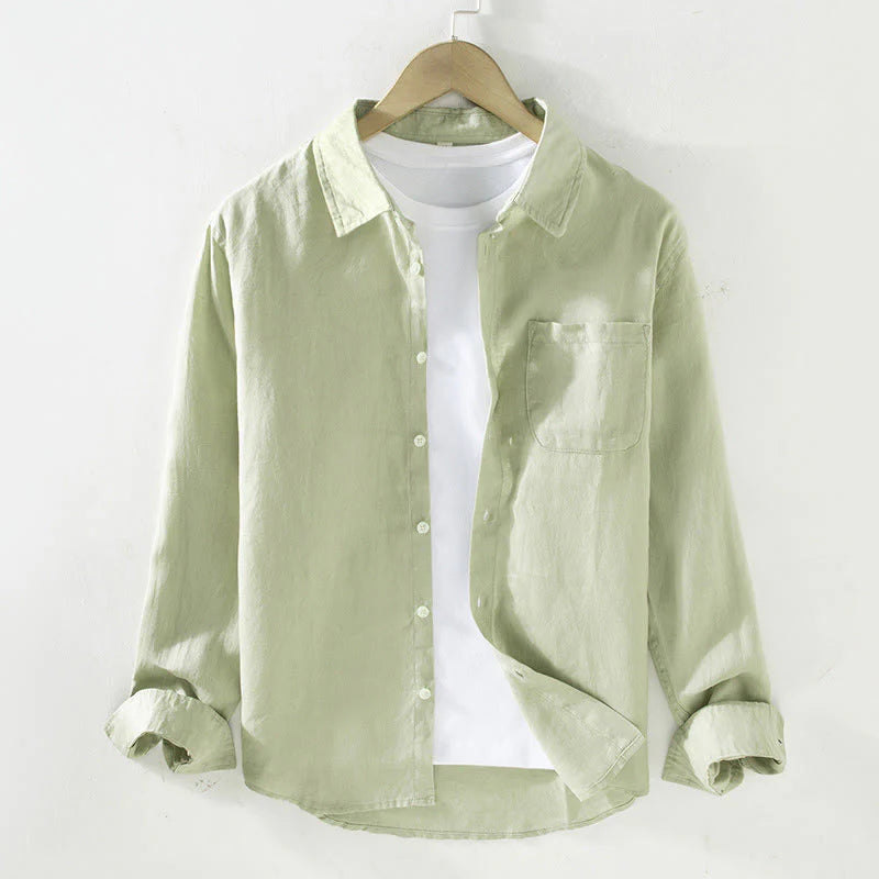 Buddha Stones Spring Men's Casual Pure Color Linen Long Sleeve Shirt With Pocket