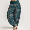 Buddha Stones Cotton Elegant Refined Lotus Flower Leaf Pattern Women's Elastic Waist Harem Pants