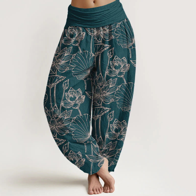 Buddha Stones Cotton Elegant Refined Lotus Flower Leaf Pattern Women's Elastic Waist Harem Pants