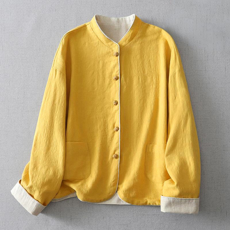 Buddha Stones Women's Plain Jacquard Stand Collar Long Sleeve Cotton Linen Jacket With Pockets
