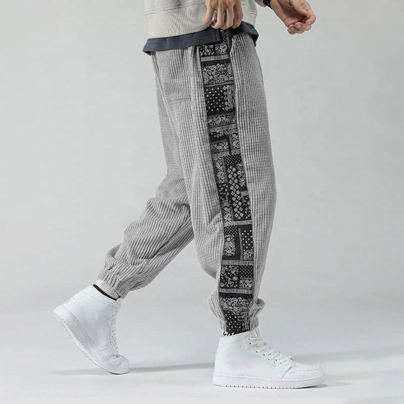Buddha Stones Fall Solid Drawstring Side Paisley Pattern Straight Leg Ankle-length Corduroy Men's Pants With Pockets