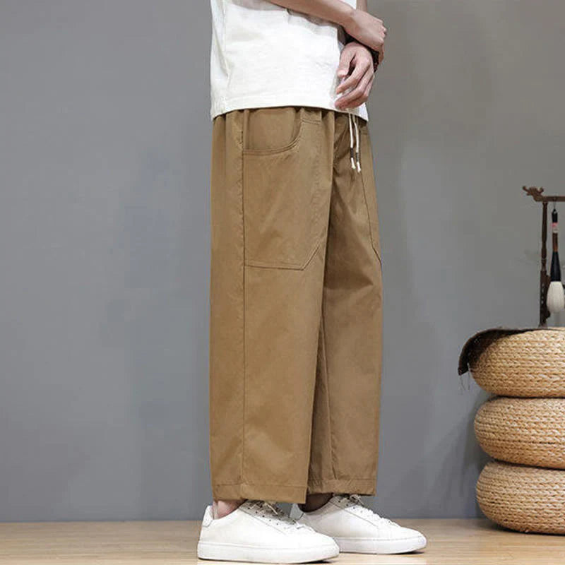 Buddha Stones Summer Solid Color Drawstring Straight Leg 7-8 Length Men's Pants With Pockets