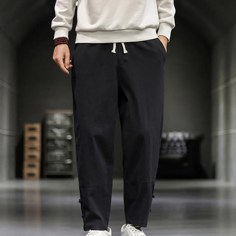 Buddha Stones Drawstring Elastic Waist Frog-Button Ankle-Length Men's Cotton Pants With Pockets