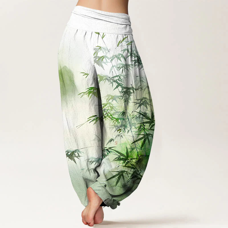 Buddha Stones Pure Cotton Bamboo Leaves Mountain Pattern Women's Elastic Waist Harem Pants