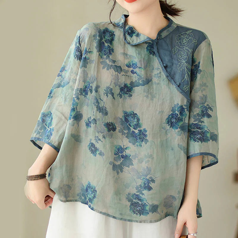 Buddha Stones PLUS SIZE Blue Jacaranda Flower Design Three Quarter Sleeve Ramie Linen Shirt