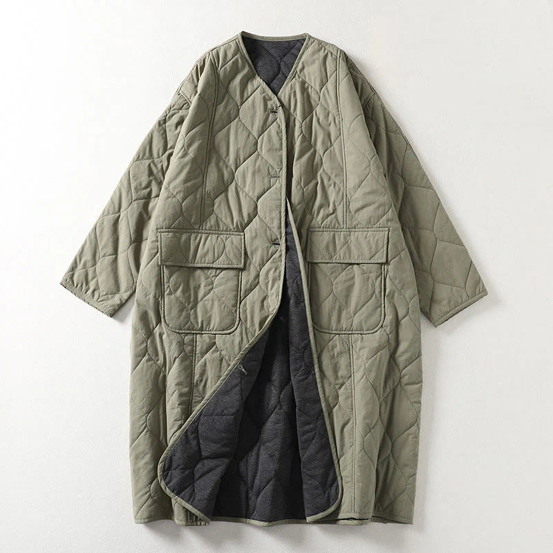 Buddha Stones Plain Buttons V-Neck Long Sleeve Women's Cotton Coat With Pockets