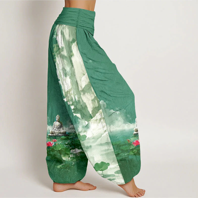 Buddha Stones Cotton Lotus Flower Leaf Rocks Water Surface Cloud Buddha Pattern Women's Elastic Waist Harem Pants