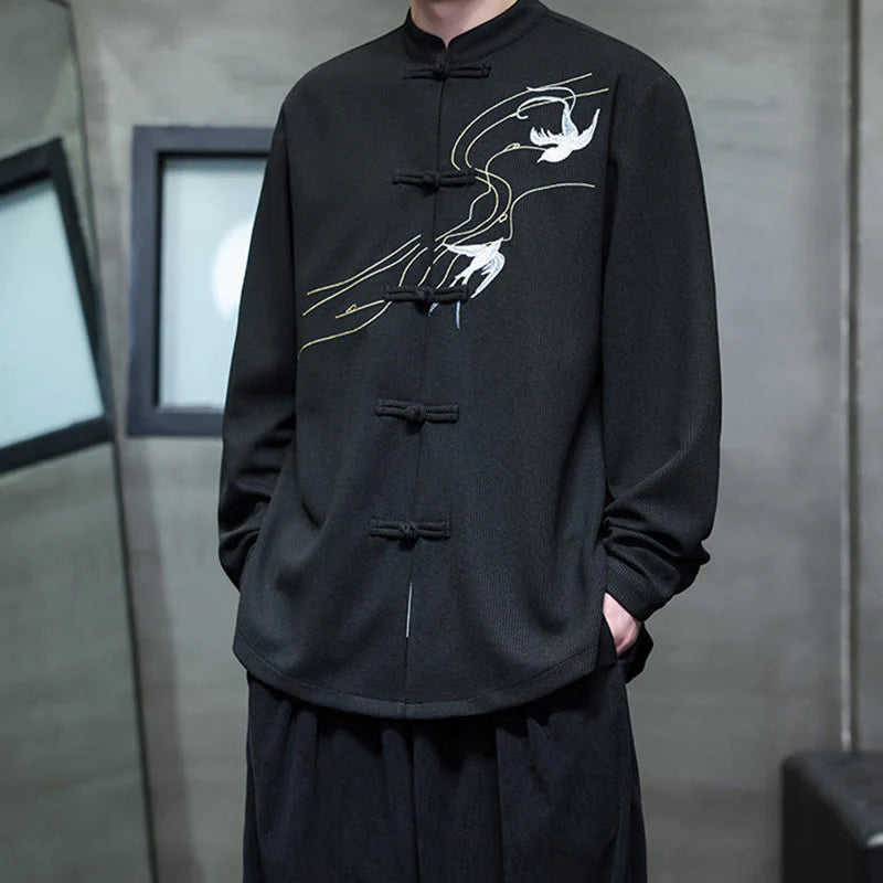 Buddha Stones Frog-Button Swallow Embroidery Stand Collar Long Sleeve Tang Suit Men's Shirt