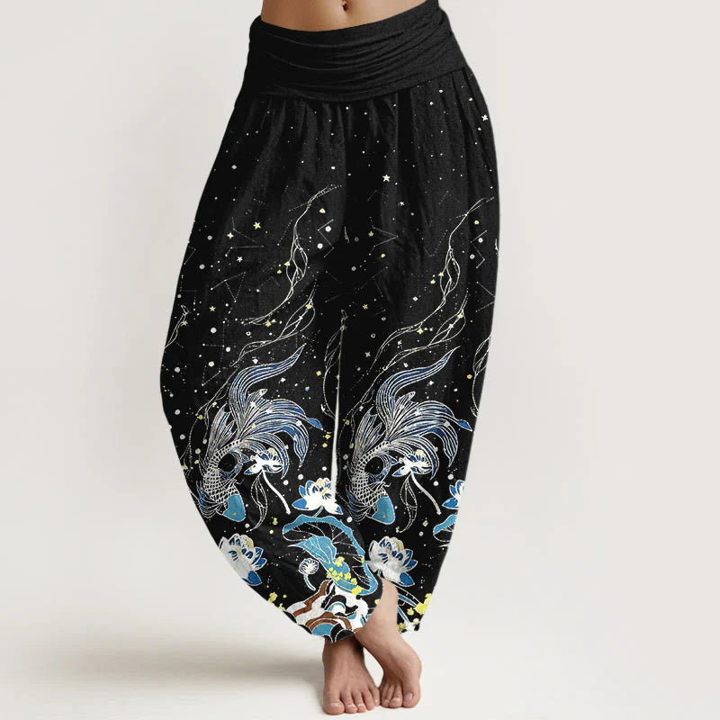 Buddha Stones Cotton Starry Sky Koi Fish Lotus Waves Pattern Women's Elastic Waist Harem Pants