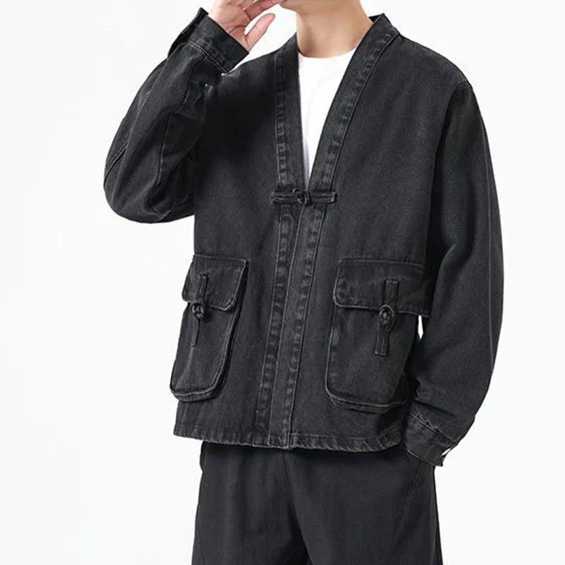 Buddha Stones Denim Button Design Men's Cotton Long Sleeve Jacket With Pockets