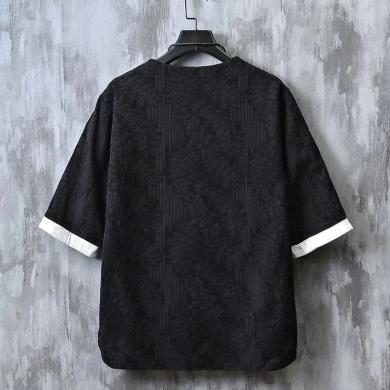 Buddha Stones Summer Floral Pattern Frog-Button Half Sleeve Cotton Men's Shirt