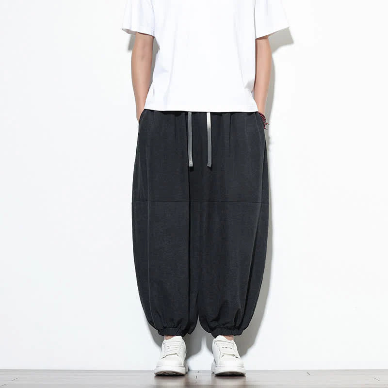 Buddha Stones Spring Solid Color Drawstring Cropped Men's Harem Cotton Pants With Pockets