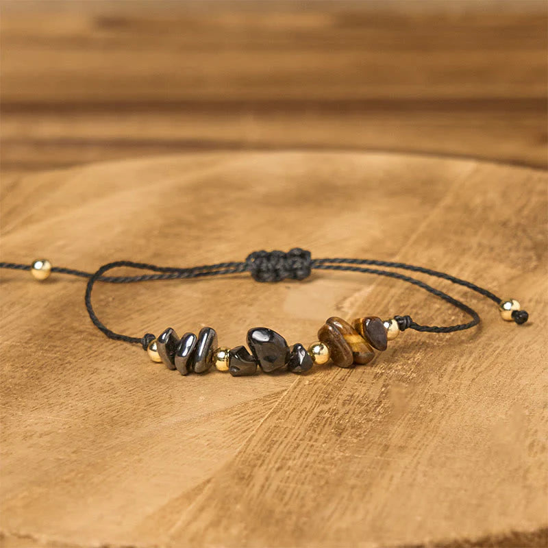 Buddha Stones Tiger Eye Black Tourmaline Pyrite Protection Card Rope Bracelet