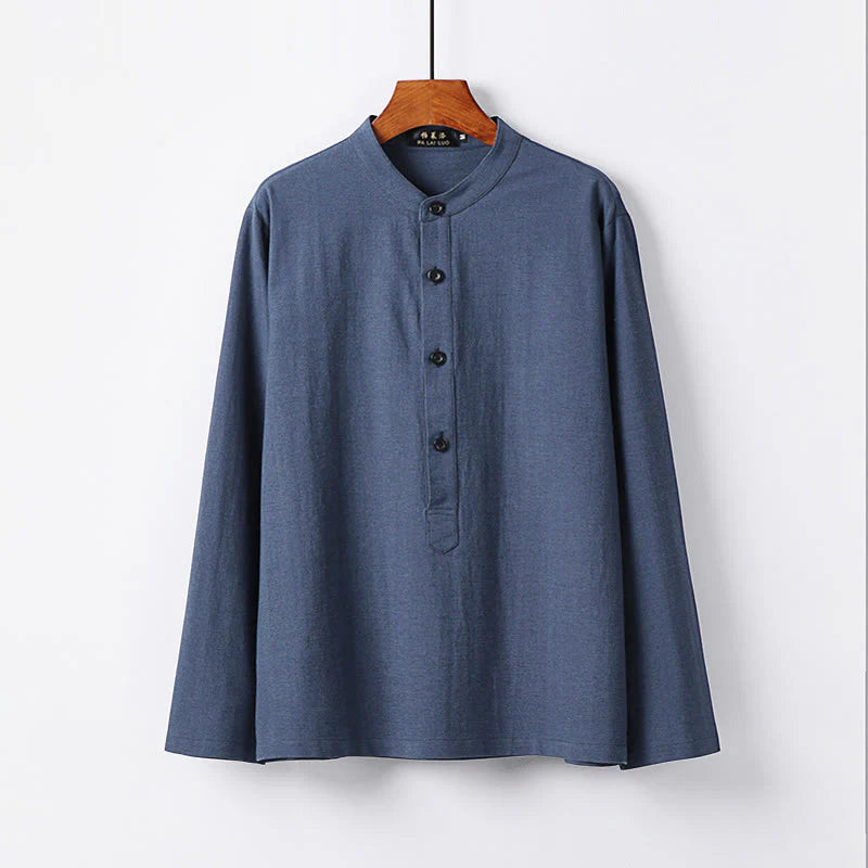 Buddha Stones Simple Solid Color Half Buttons Men's Long Sleeve Cotton Shirt