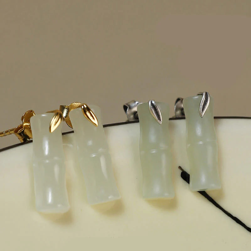 Buddha Stones Bamboo Hetian Jade 925 Sterling Silver Leaf Wealth Earrings