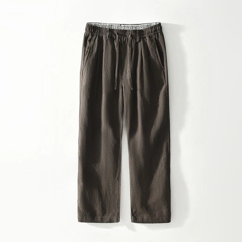 Buddha Stones Fall Solid Drawstring Elastic Waist Men's Linen Straight Leg Pants With Pockets