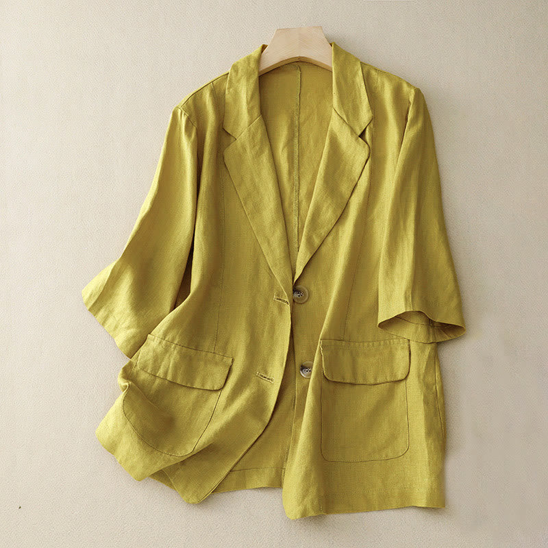 Buddha Stones Women's Three Quarter Sleeve Button Cotton Small Suit Jacket With Pockets