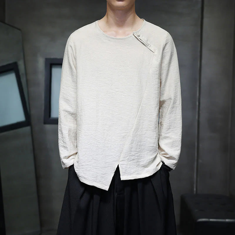 Buddha Stones Solid Color Loose Long Sleeve Round Neck Men's Shirts