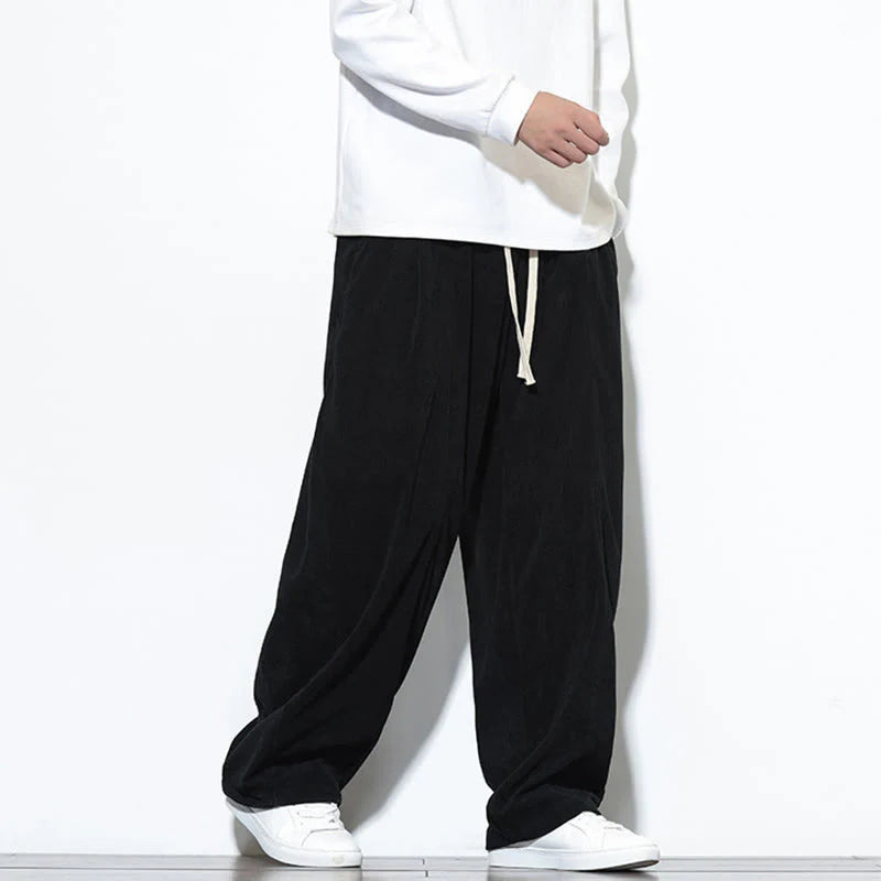Buddha Stones Plain Drawstring Pure Cotton Corduroy Men's Harem Pants With Pockets
