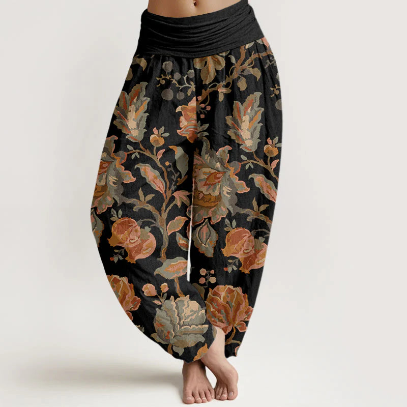Buddha Stones Cotton Casual Blooming Flowers Buds Design Women's Elastic Waist Harem Pants