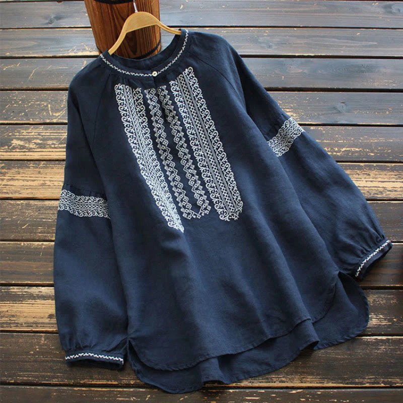 Buddha Stones Ethnic Embroidery Bohemian Pattern Long Sleeve Crew Neck Women's Shirt