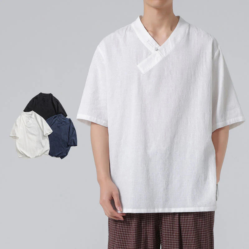 Buddha Stones Ethnic Distressed Jacquard Frog-Button Men's Stand Collar Half Sleeve Cotton Linen Shirt Tai Chi Clothes