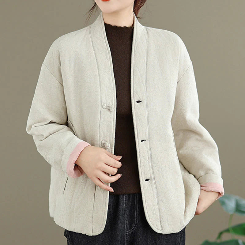 Buddha Stones Winter V-Neck Jacquard Frog-Button Cotton Long Sleeve Women's Thermal Jacket With Pockets