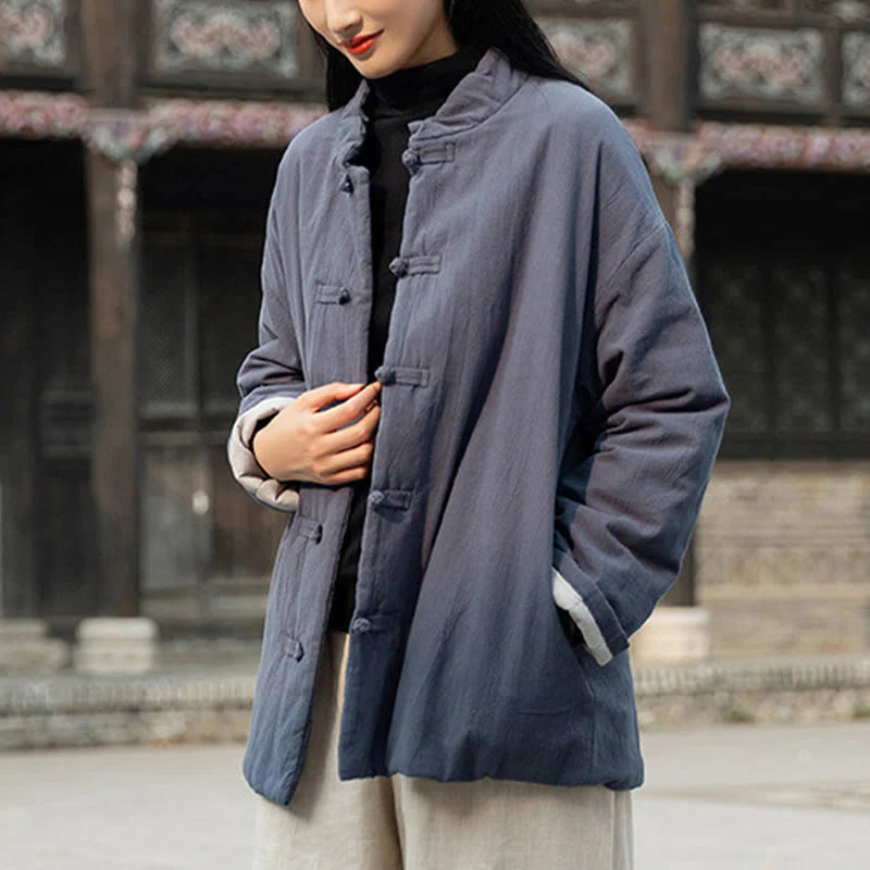 Buddha Stones Winter Solid Frog-Button Long Sleeve Cotton Women's Thermal Jacket With Pockets