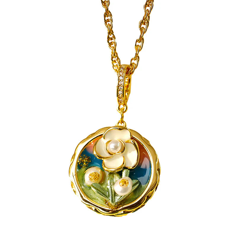 Buddha Stones Retro Round Oil Painting Flower Design Copper Wealth Necklace Pendant