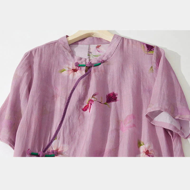 Buddha Stones Summer Orchid Floral Stand Collar Design Short Sleeve Midi Dress With Pockets
