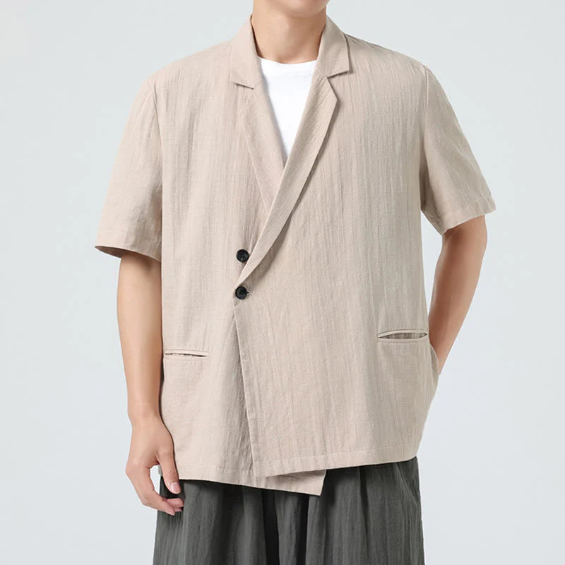 Buddha Stones Spring Plain Asymmetrical Lapel Collar Short Sleeve Men's Cotton Linen Shirt With Pockets